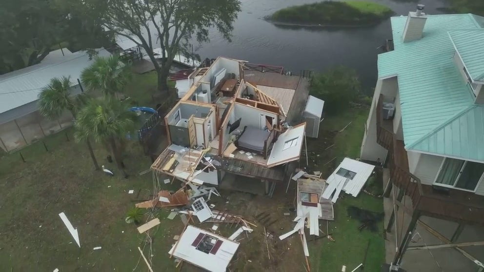 Drone video recorded in Keaton Beach, Florida, shows homes that were severely damaged and destroyed after Hurricane Idalia made landfall early Wednesday morning with winds of 125 mph.