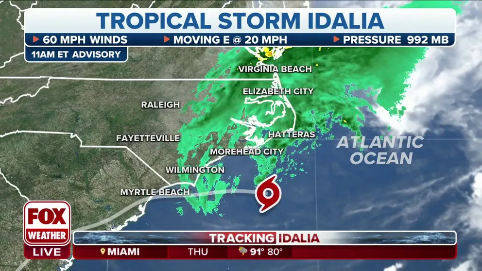 Tropical Storm Idalia remains a tropical storm with winds of 60 mph as the storm, which made landfall in Florida on Wednesday as a Category 3 hurricane, moves off the East Coast and back into the open water of the Atlantic Ocean.