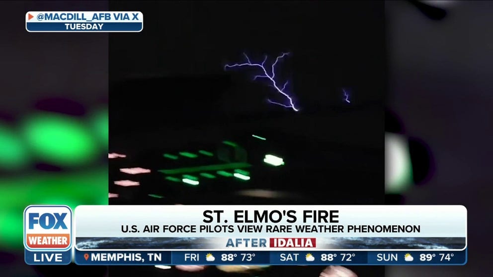 Two Air Force pilots show video of the lightning-like phenomenon sparking across their windshield while they were evacuating from Florida as Hurricane Idalia charged towards Florida. They also explain what causes St. Elmo's fire.