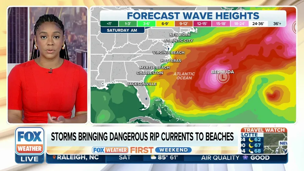 Post-Tropical Cyclone Idalia is swirling past Bermuda, causing dangerous rip currents and heavy surf along the southeastern U.S. coast as Labor Day weekend begins.