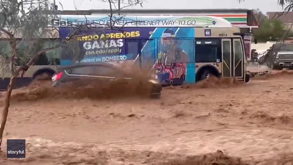 Video filmed by Dwayne Scales of StormRunner Media shows a bus stranded on Lake Mead Boulevard in Las Vegas and a whirlpool forming near Interstate 15. (Credit: StormRunner Media via Storyful)