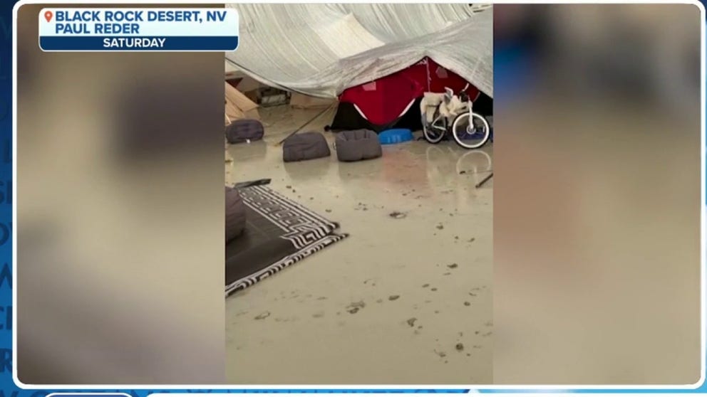 Burning Man festival goers are waiting to be able to leave after monsoon rains caused flooding and mud shutting down roads in and out of Black Rock City, Nevada. 