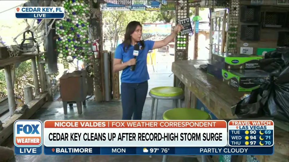 Nearly 7-feet of storm surge destroyed homes and businesses in Cedar Key. Hideaway Tiki Bar owner Scott Larsen told FOX Weather Correspondent Nicole Valdes that he watched the storm surge come into his business on a live video. 