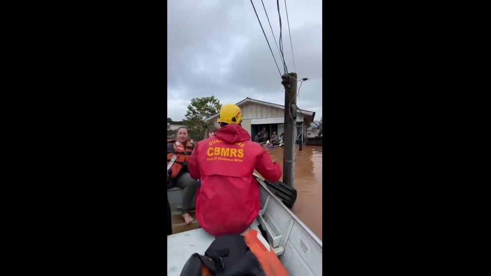 Video shared by Rio Grande do Sul Gov. Eduardo Leite shows a water rescue for a family stranded by flooding in Lajeado, Brazil where some areas have received up to 11 inches of rain since Sunday. 