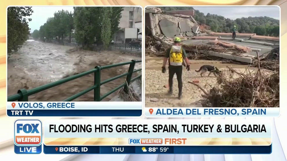 Record rainfall is bringing extensive flooding in Greece. Violent storms are also impacting Turkey and Bulgaria, wiping out roads and forcing evacuations. At least 14 people are now reported dead in those three countries. In Spain, rescue crews are searching for several people who went missing during flooding earlier in the week. FOX News senior foreign affairs correspondent Greg Palkot has more on the flooding, storms and record-breaking heat across the globe.