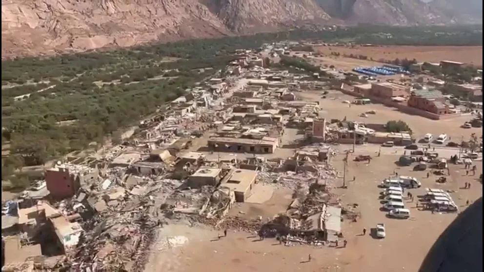Video recorded by Royal Moroccan Armed Forces airborne relief operations shows the extensive damages from the earthquake and recovery operations in Morocco. 