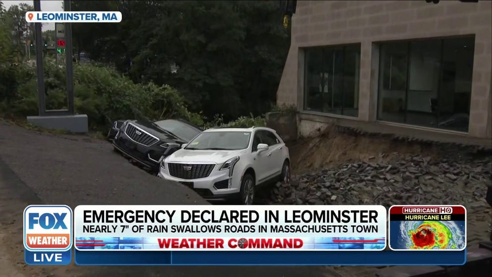 The NWS issued a rare Flash Flood Emergency for Leominster, Massachusetts on Monday. Take a look at the after, a sinkhole swallowed several Cadillacs at a dealership.