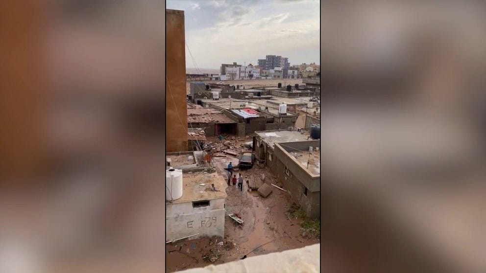 Footage captured by a local resident in Derna, Libya, on Monday shows debris, mud, and damaged buildings left after the catastrophic flooding that killed over 6,000 people.