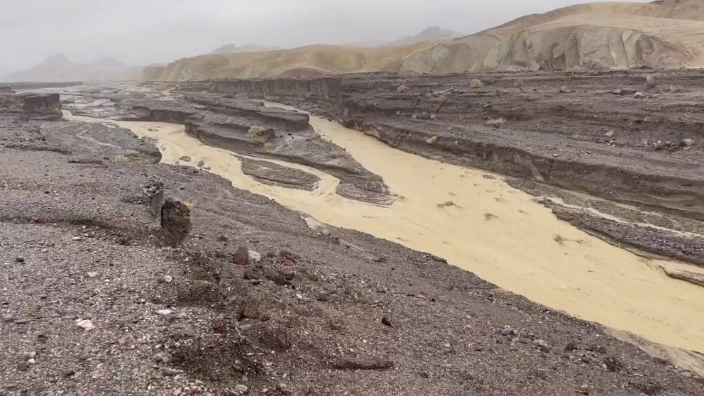 Flooding caused by heavy rain on Sunday, August 20, 2023 in Gower Gulch near Zabriskie Point in Death Valley National Park. 