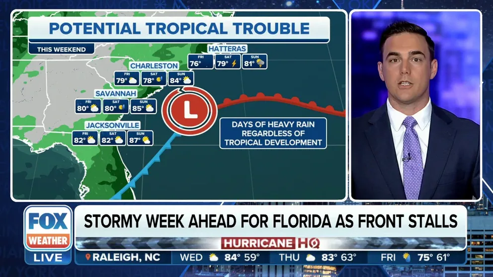 FOX Weather is watching a low that will form on the stationary front keeping Florida soggy this week. The low has the potential of becoming a tropical depression.