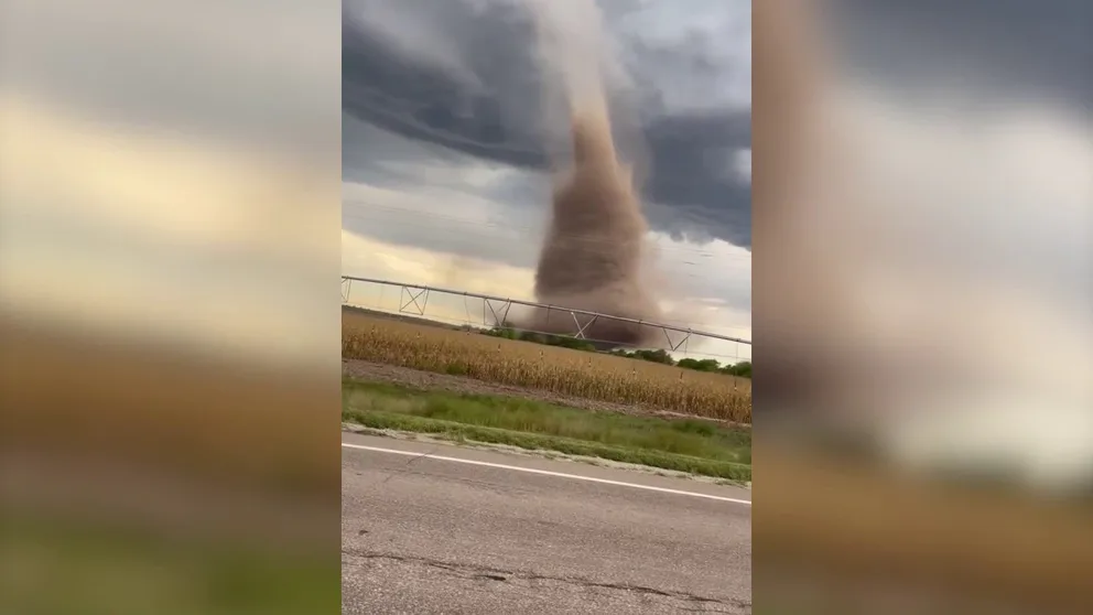 A landspout tornado was captured on video as it spun through a field in Rush Center, Kansas, at 5:50 p.m. Tuesday. Severe storms and heavy rain were in the forecast across the Plains with a bull’s-eye on Oklahoma and portions of North Texas.