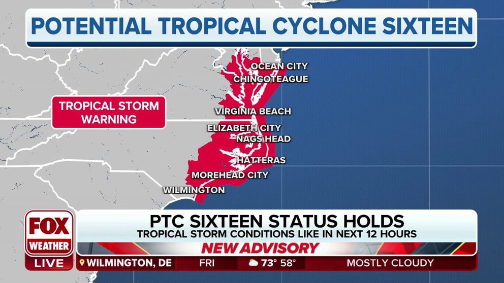 Tropical Storm Warnings are in effect from North Carolina to Delaware as Potential Tropical Cyclone 16 aims for the East Coast. The system has gained some organization overnight, with the winds stronger, but lacks a definitive center.