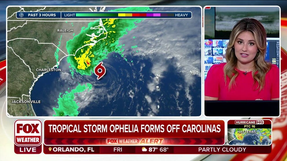 Potential Tropical Cyclone Sixteen organized and was designated Tropical Storm Ophelia on Friday, just hours before it was expected to make landfall in North Carolina with strong winds, dangerous storm surge and heavy rains.