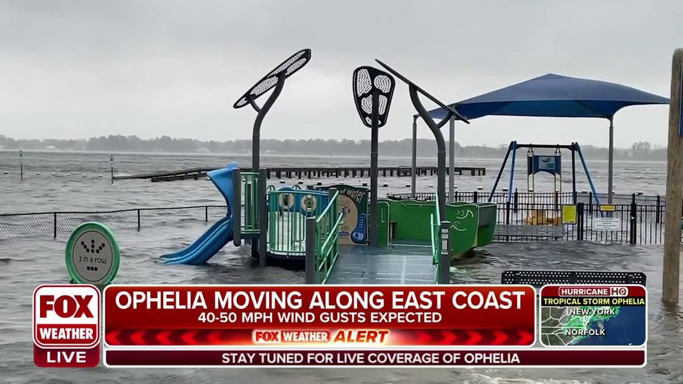 A playground sits flooded under storm surge as Tropical Storm Ophelia makes its presence felt in coastal North Carolina.