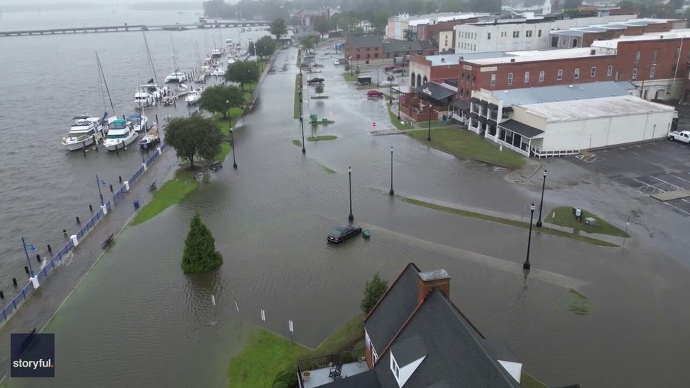 Drone video recorded in Washington, North Carolina shows the city's boardwalk and marina covered in flood waters on Saturday hours after Tropical Storm Ophelia made landfall. (Video: Weather Chasing via Storyful)
