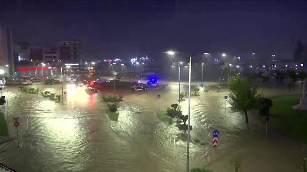 Police blocked traffic from the flooded streets across Volos, Greece. The coastal town was hit hard by Storm Elias.
