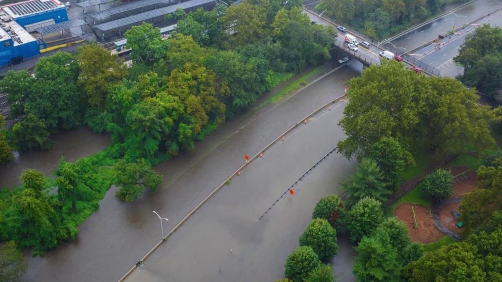 Aerial video of flooding along the Bronx River Parkway in New York.