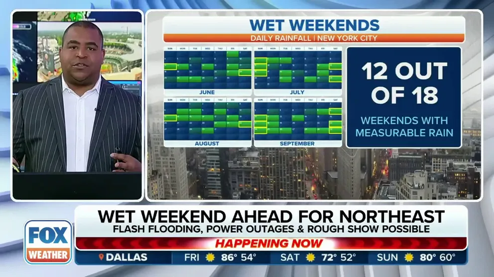 If it feels like it's been raining every weekend in New York and the Northeast, you're not far off. The Big Apple has averaged about 2 out of every 3 weekends with rain since summer began. 
