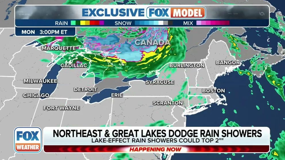A storm system is pulling away from the Great Lakes region and the Northeast, but some lingering rain could fall through the middle of the week.
