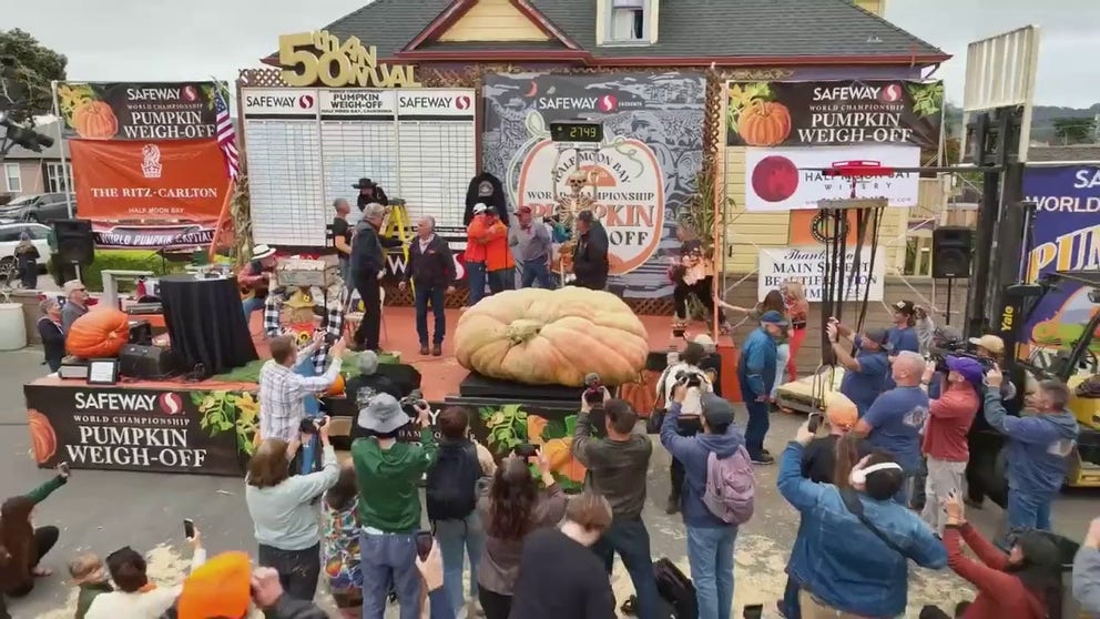 Reigning North American champion pumpkin grower Travis Grienger set a potential world record for the heaviest pumpkin ever at the Safeway World Championship Pumpkin Weigh-Off in Half Moon Bay, California, on Monday.