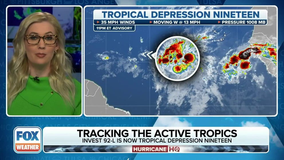 The FOX Forecast Center is tracking Tropical Depression 19 in the eastern Atlantic and Hurricane Lidia that made landfall as a Category 4 cyclone along the Mexican coast.
