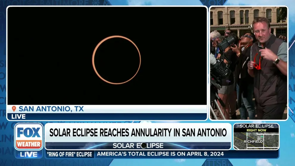 People in San Antonio, Texas, saw annularity just before 12 p.m. CT on Oct. 14, 2023. FOX Weather’s Robert Ray reports.