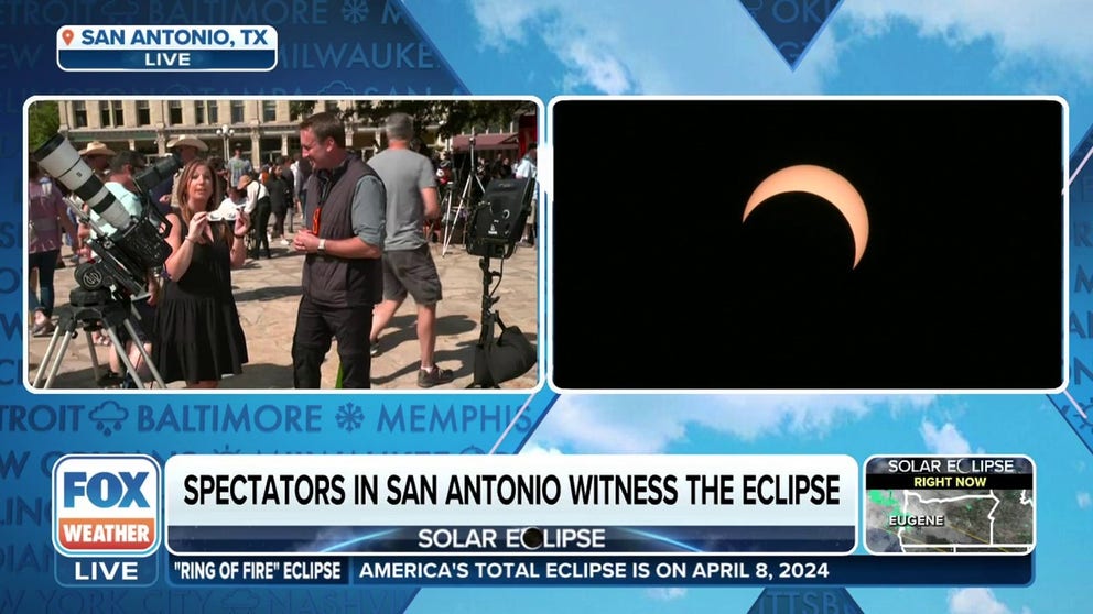 FOX Weather's Robert Ray spoke with the Alamo's Emily Baucum about how skygazers spent the day watching the eclipse and learning about the history of the Alamo. Oct. 14, 2023.