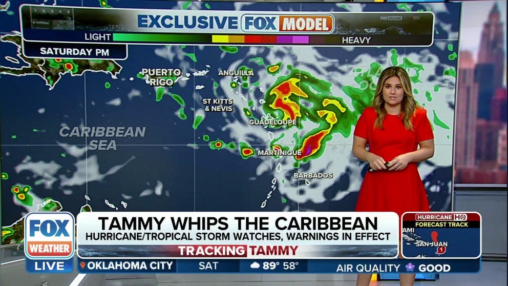 On the forecast track, the center of Hurricane Tammy will move near or over portions of the Leeward Islands through early Sunday, and then move north of the northern Leeward Islands by Sunday afternoon, the National Hurricane Center said.
