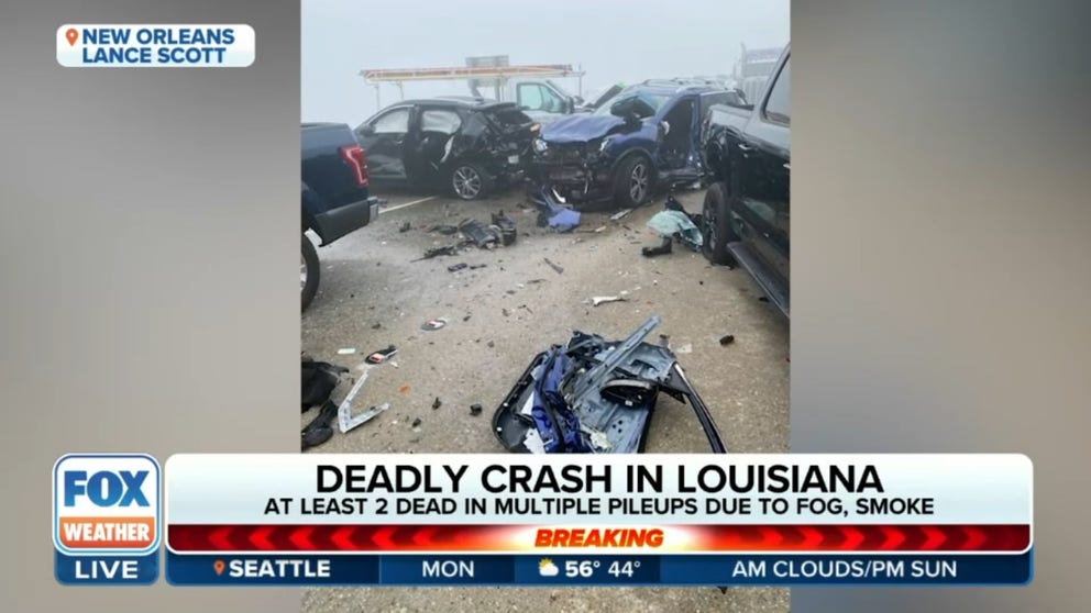 Wildfire smoke and fog reduced visibility down to a mile on I-55 in Louisiana causing a deadly pileup crash on Monday, closing the interstate in both directions. Lance Scott joins FOX Weather as he waits on I-55 after the crash.
