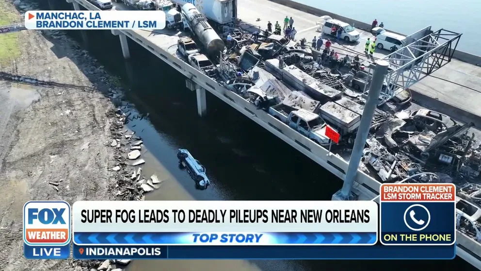 Storm Tracker Brandon Clement describes the scene of multiple pileup crashes on I-55 in Louisiana. He took drone video which shows cars that went over the edge of the bridge, masses of burnt out vehicles and miles of crushed cars.