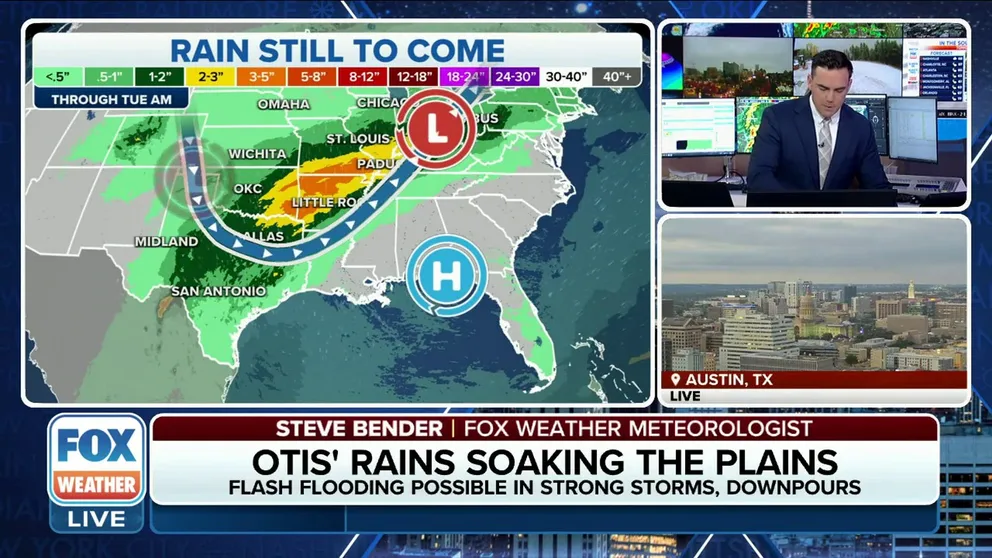 Parts of Texas received more than 9 inches of rain in the past 48 hours, leading to flash flooding. As the downpours move eastward, flash flooding is possible for parts of East Texas, Oklahoma, Arkansas and Missouri into the weekend. Oct. 26, 2023.