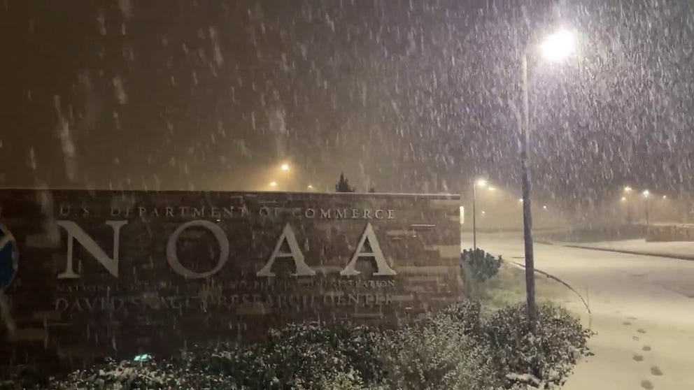 The National Weather Service in Boulder, Colorado, shared video of snow falling outside the office during a winter storm on Saturday, October 28, 2023.