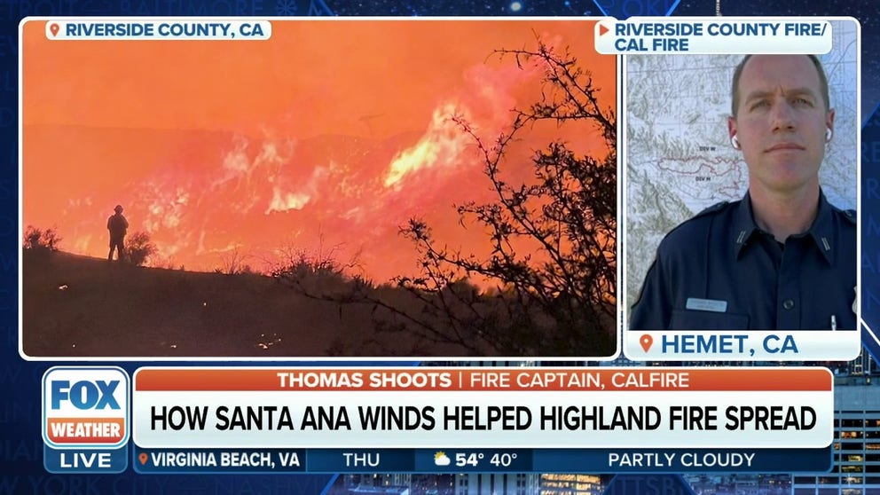 Cal Fire Capt. Thomas Shoots explains how winds fueled the Highland Fire growth. Shoots said wind conditions have improved allowing some evacuation orders to lift. 