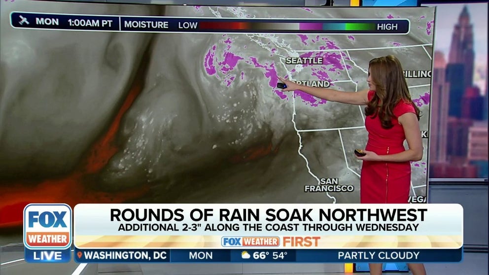 Scattered showers and strong thunderstorms remain in the forecast for Monday in the Northwest, with a low risk of a brief tornado or waterspout west of the Cascades in Oregon.
