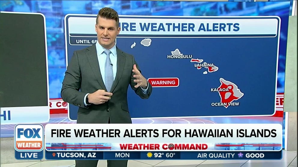 Strong winds and low humidity combined with dry fuels are bringing a risk of fires to Hawaii on Monday, including on the island of Maui where deadly wildfires swept through the community of Lahaina over the summer.