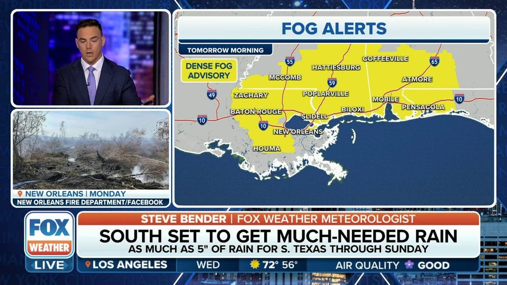 The advisory is issued for parts of Louisiana, Mississippi, Alabama and Florida for the morning of Wed. Nov. 8. The fog, combined with wildfire smoke nearby could produce a dangerous fog event particularly for drivers.