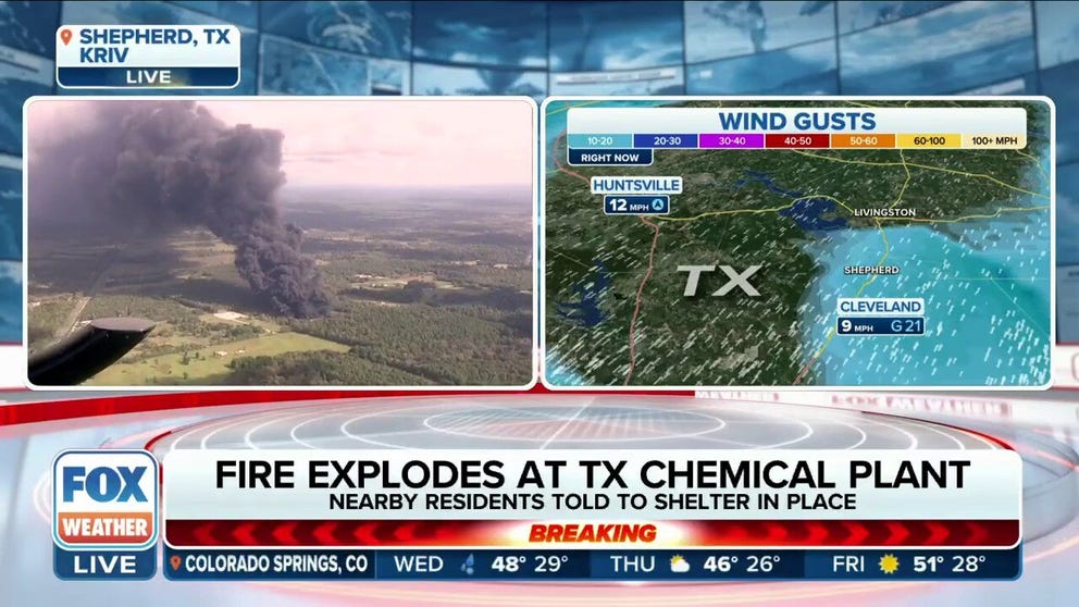 An explosion at a chemical plant in Shepherd, Texas, has sent a massive plume of smoke to the north.