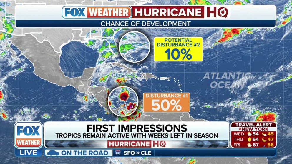 The 2023 Atlantic hurricane season will officially end on Nov. 30, but the tropics are not yet ready to shut down. The National Hurricane Center is tracking two areas of weather in the Atlantic this week.