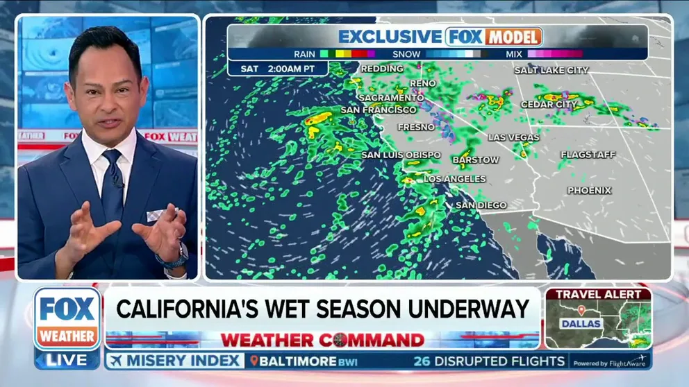 FOX Weather is tracking a storm just off the California coast. It is sprinkling the Golden State with rounds of rain, the most since the summer's Tropical Storm Hilary. Find out how much rain and when the stubborn system will finally depart. Will it dampen the weekend?