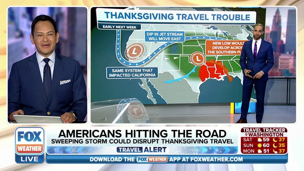 Thanksgiving travel trouble is brewing as a storm system begins to sweep across the U.S. this weekend and tracks eastward in the days leading up to the holiday.