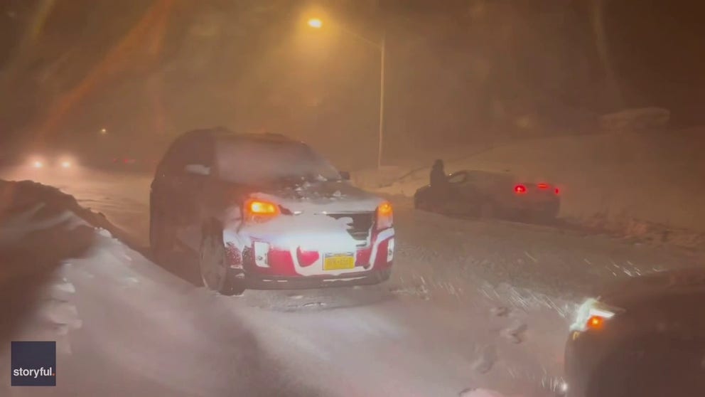 Video recorded in Hamburg, New York, shows vehicles pulled off to the side of the road as heavy snow falls during the region’s first major lake-effect snowstorm of the season on Monday, November 27, 2023.