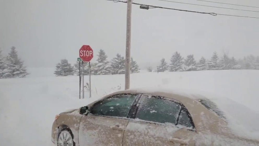 Video recorded in West Turin, New York, shows near whiteout conditions as heavy lake-effect snow falls on Tuesday, Nov. 28, 2023.