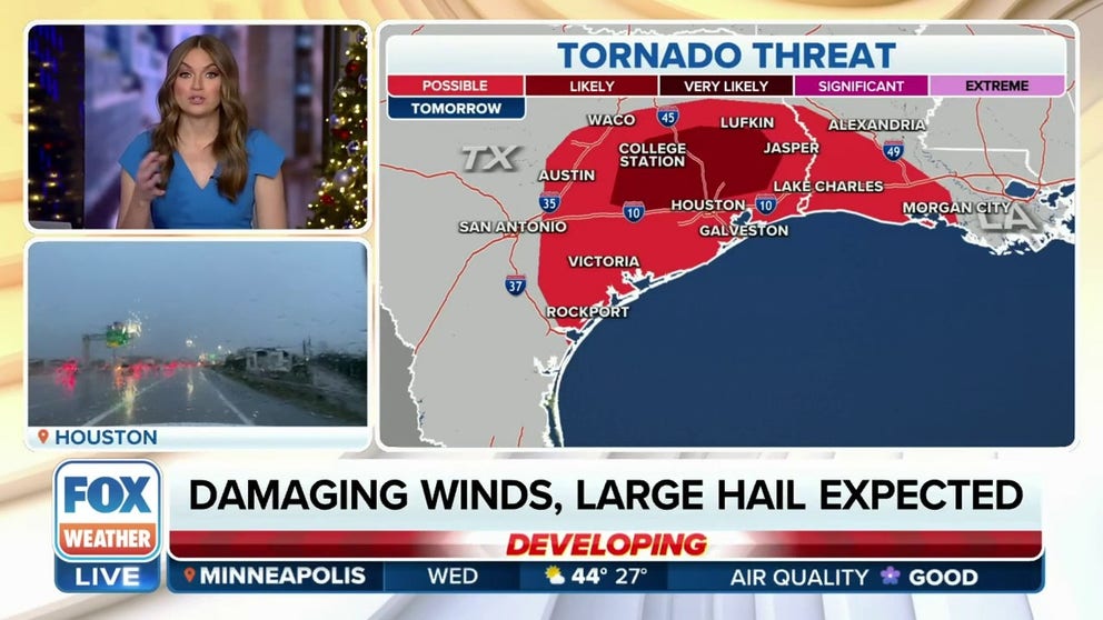 Damaging winds, large hail and tornadoes are possible on Thursday for southeast Texas on Thursday as thunderstorms moving through College Station, Bryan and Conroe. 
