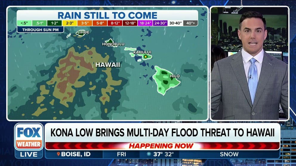 A Kona Low brings a multi-day flood threat to Hawaii this week, already dumping several inches of rain across parts of the Aloha State. Nov. 30, 2023.