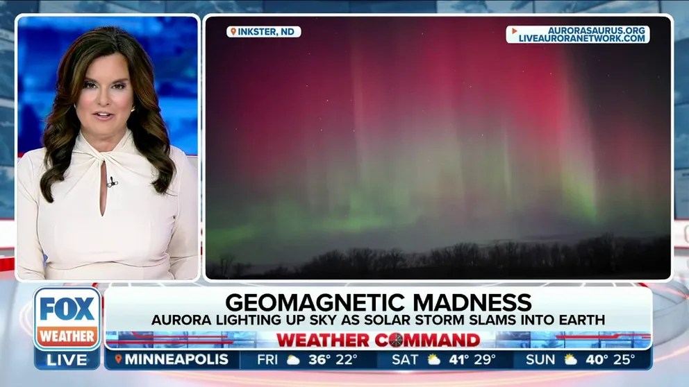 Skies lit up in jaw-dropping colors across North Dakota as a strong geomagnetic storm struck the Earth's atmosphere early Friday morning. 