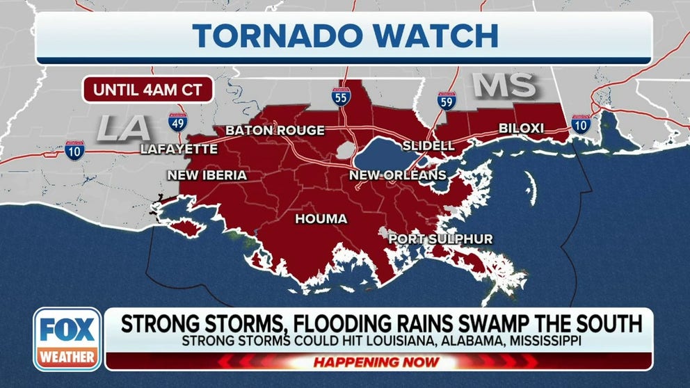 Baton Rouge, New Orleans and Biloxi, Mississippi, are under a Tornado Watch until 4 a.m. CT due to the threat of severe thunderstorms.