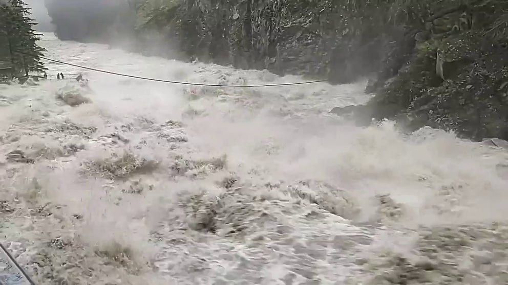 Video recorded by the Washington Department of Fish and Wildlife shows a raging Stillaguamish River at Granite Falls on Tuesday, Dec. 5, 2023.