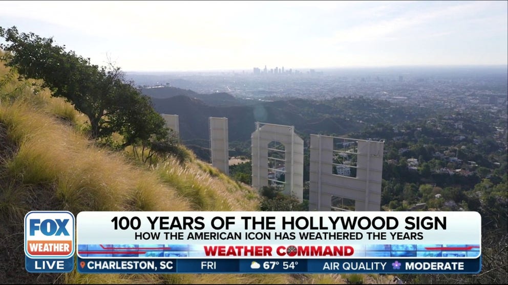 The iconic Hollywood sign is celebrating 100 years of battling the elements. Max Gorden reports.