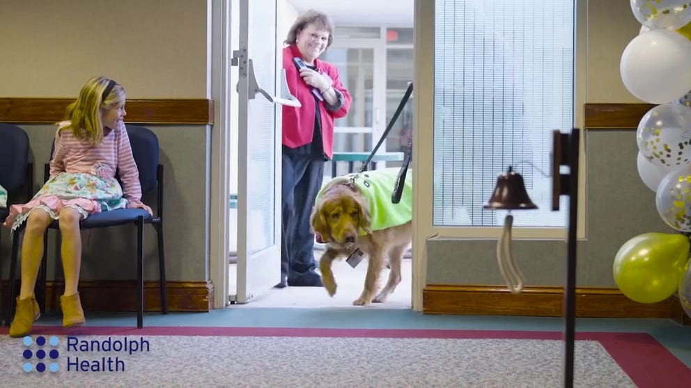 Randolph Health's therapy dog, Quinn, was diagnosed with lymphoma in June. After receiving 12 chemotherapy treatments, he successfully completed his final session on Nov. 27 and is now in remission. At a celebration held at the hospital, Quinn rang a bell with his paw to signify the completion of his treatments.