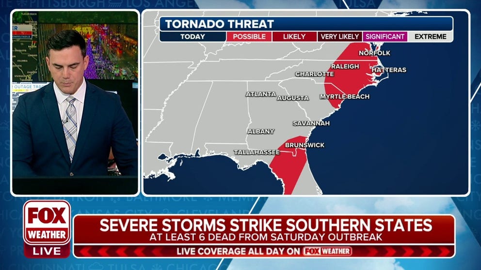 A line of severe thunderstorms continues to trek east, bringing damaging winds and reports of tornadoes across the southern states. Tornado Watches for parts of Florida, North Carolina and Virginia continue into Sunday night. 